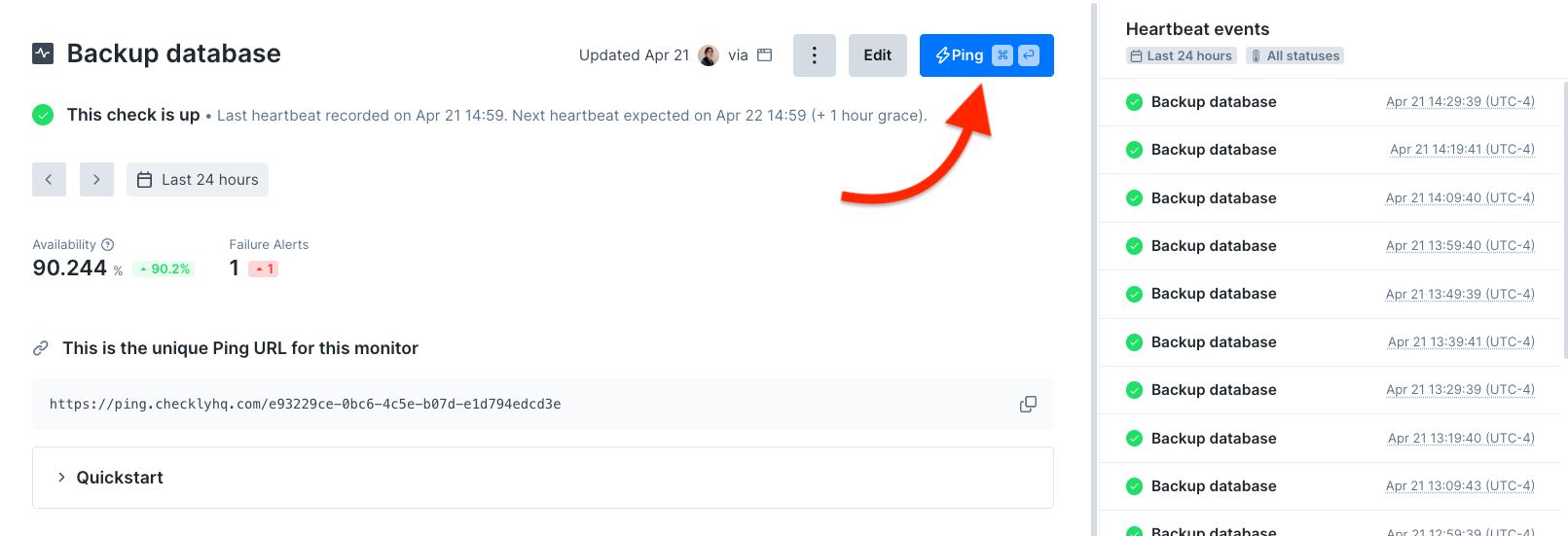 Manually send a ping via the Checkly UI on the check overview page